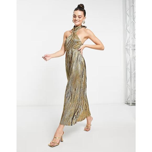 Topshop Metallic Plisse Dress Cut Out Halter Neck Evening Party Gold NWT 12 - Picture 2 of 10